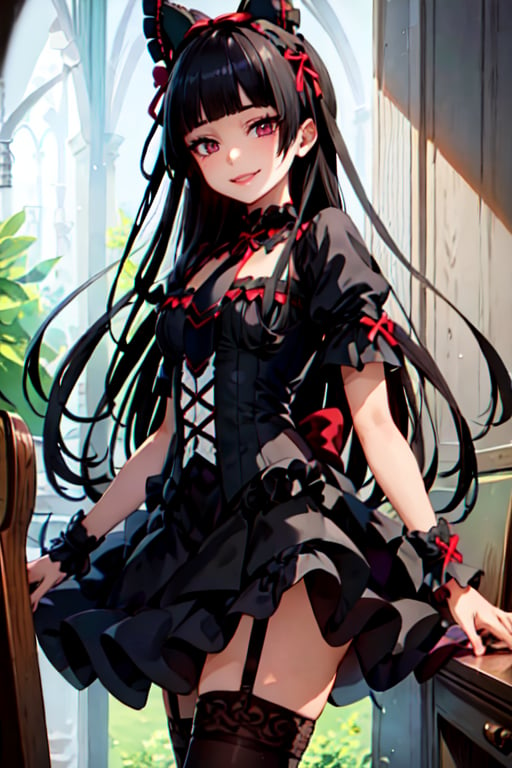 1girl  solo  long hair  looking at viewer  smile  bangs  black hair  red eyes  thighhighs  bow  ribbon  hair ribbon  short sleeves  necktie  puffy sleeves  black thighhighs  blunt bangs  makeup  garter straps  lipstick  lolita fashion  gothic lolita