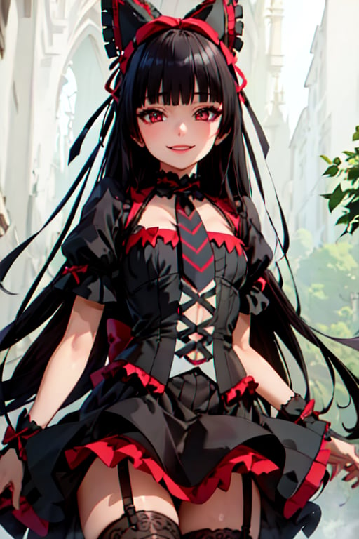 1girl  solo  long hair  looking at viewer  smile  bangs  black hair  red eyes  thighhighs  bow  ribbon  hair ribbon  short sleeves  necktie  puffy sleeves  black thighhighs  blunt bangs  makeup  garter straps  lipstick  lolita fashion  gothic lolita