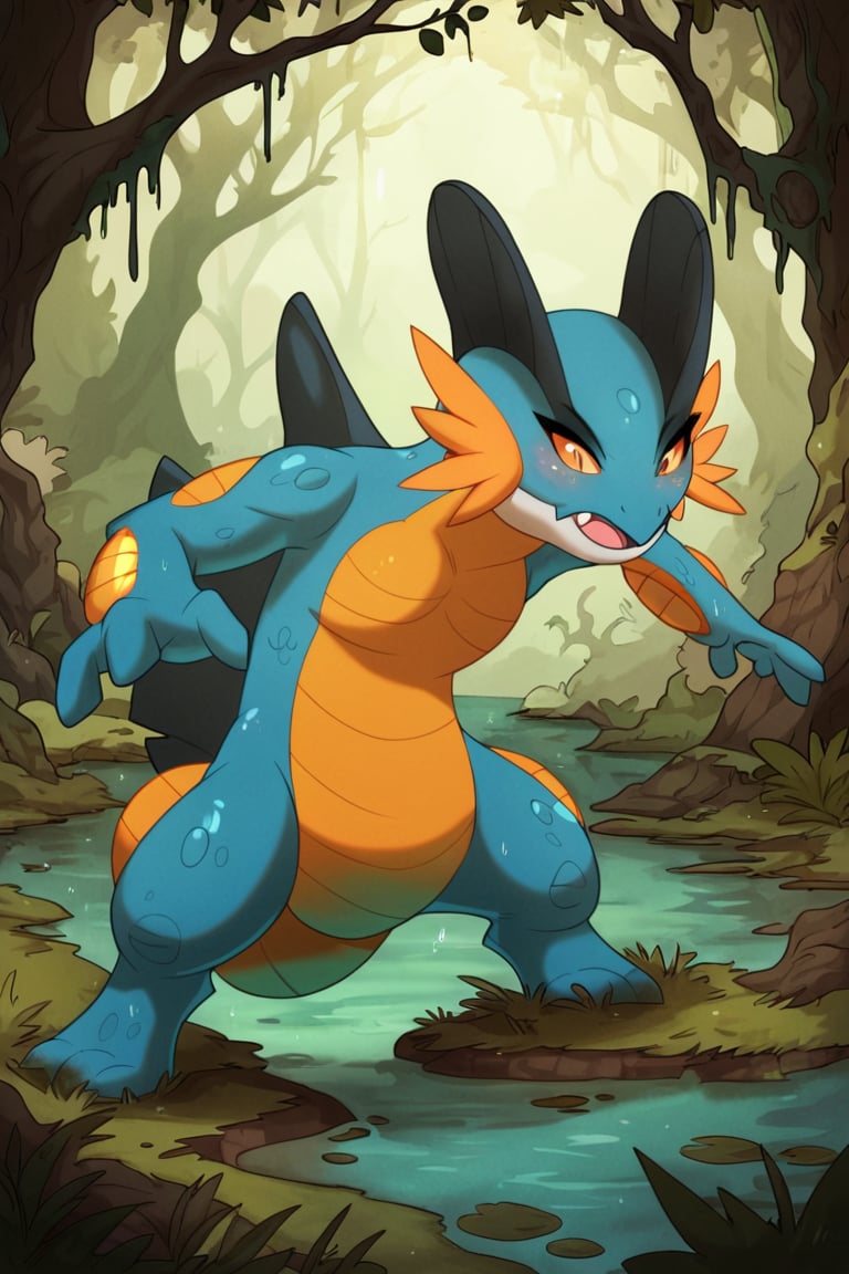 Score_9_up,score_8_up,score_7_up,score_tag,Pokemon,Pokemon Swampert, swamp, misty, atmospheric, vibrant colors, Swampert emerging from the swamp, detailed mud and water droplets, vibrant green and brown hues, atmospheric mist, Swampert's determined expression, powerful stance, showcasing its strength and endurance, high resolution, detailed illustration, best quality, fantasy, atmospheric lighting, dynamic.",Webtoon