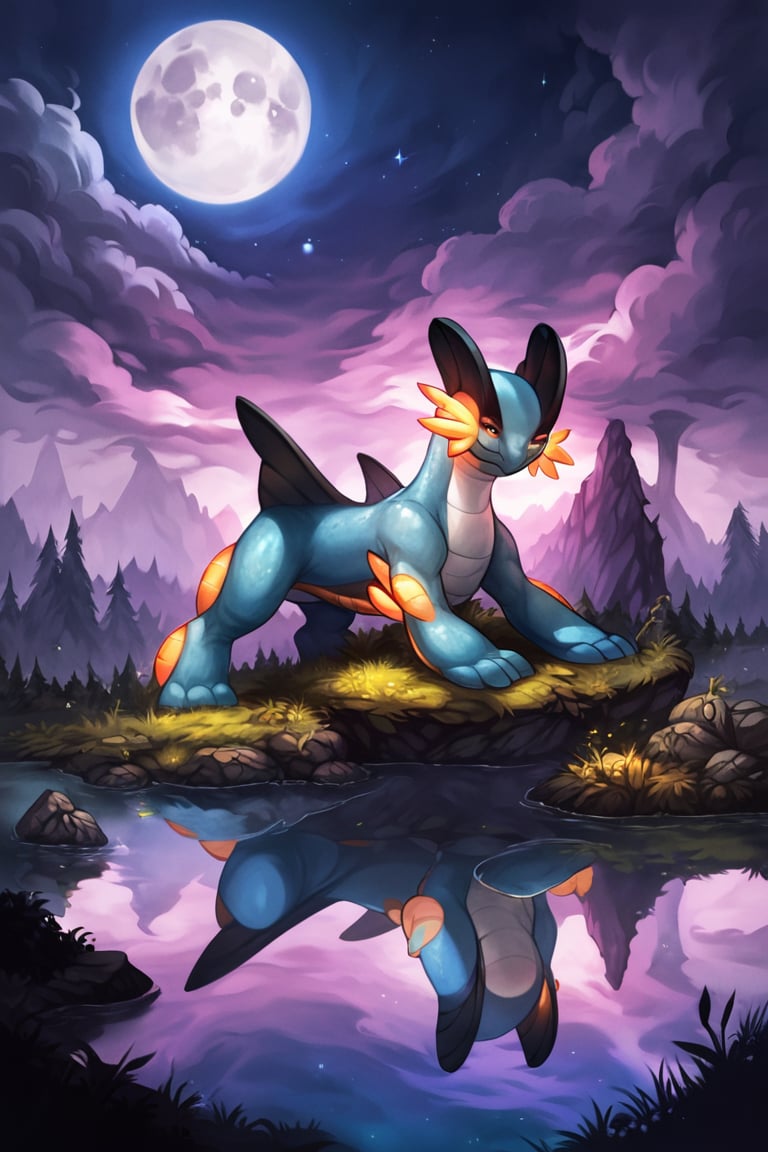Score_9_up,score_8_up,score_7_up,score_tag,Swampert, Pokemon, night scene, sitting on a rock, in the middle of a lagoon, gazing at the full moon, reflective water, serene atmosphere, gentle ripples, glowing moonlight, vibrant colors, 4k resolution, beautiful, high quality, picturesque, fantasy, nature, peaceful, calm, clear sky, detailed, illuminated, tranquil, scenic, vibrant, nature photography, fantasy lighting, Pokémon photography, atmospheric, Pokemon scenery, dreamlike, Pokemon wallpaper, nature wallpaper, no Furry,A bit overweight