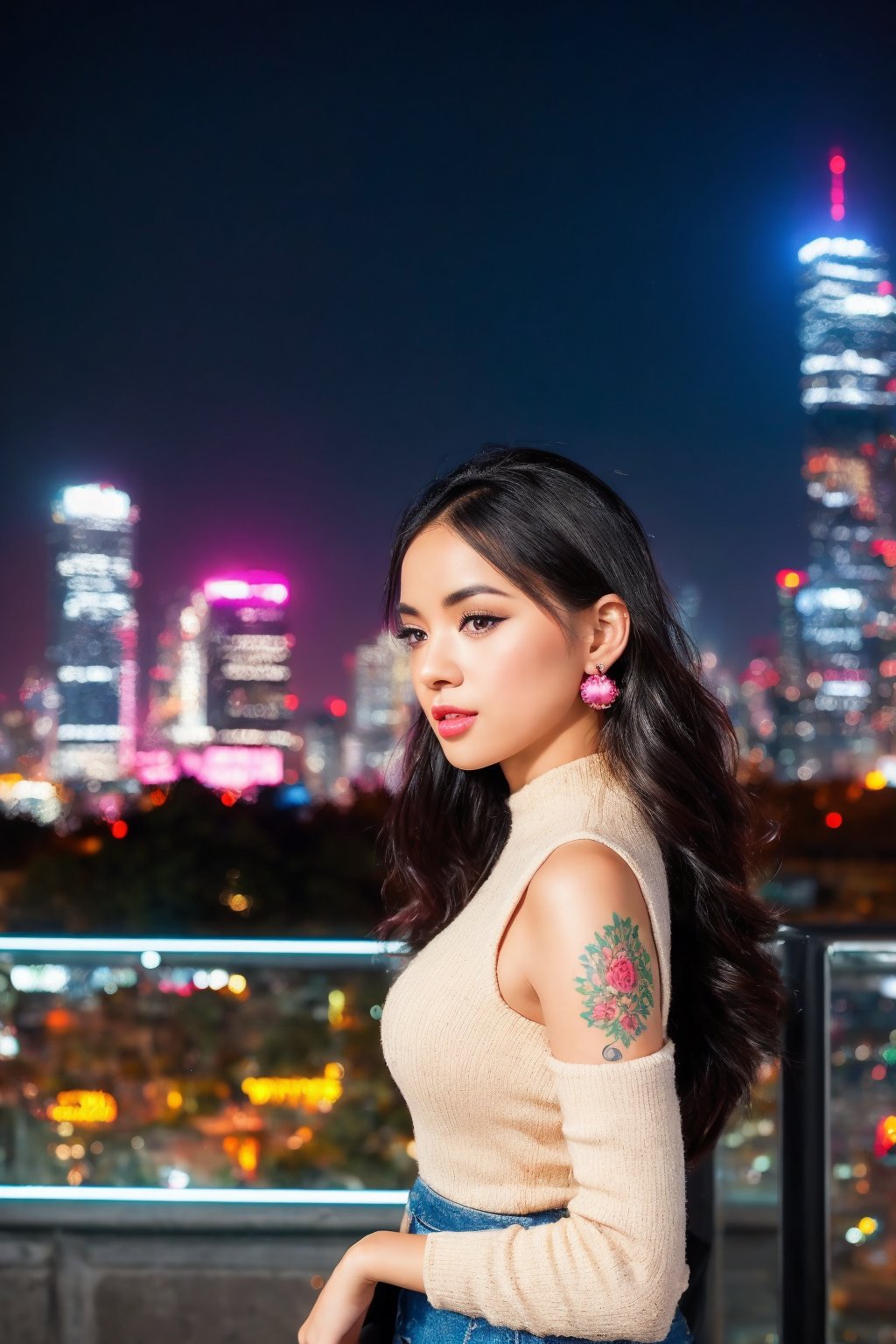 A stunning young woman of African and mixed heritage poses confidently in a bustling cityscape. Her oval-shaped face is framed by the urban landscape's steel and glass skyscrapers. Frosty pink lips gleam under the soft glow of neon lights. Delicate small earrings adorn her ears, adding a touch of sophistication to her overall edgy vibe. Intricate details on her tattoo catch the eye, as she stands out against the vibrant city backdrop.