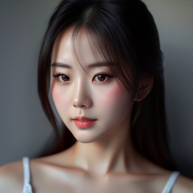 Create a realistic portrait of an Asian beauty, capturing her delicate features with soft lighting and a close-up composition. Highlight her expressive eyes, smooth skin, and subtle makeup, emphasizing her natural allure.