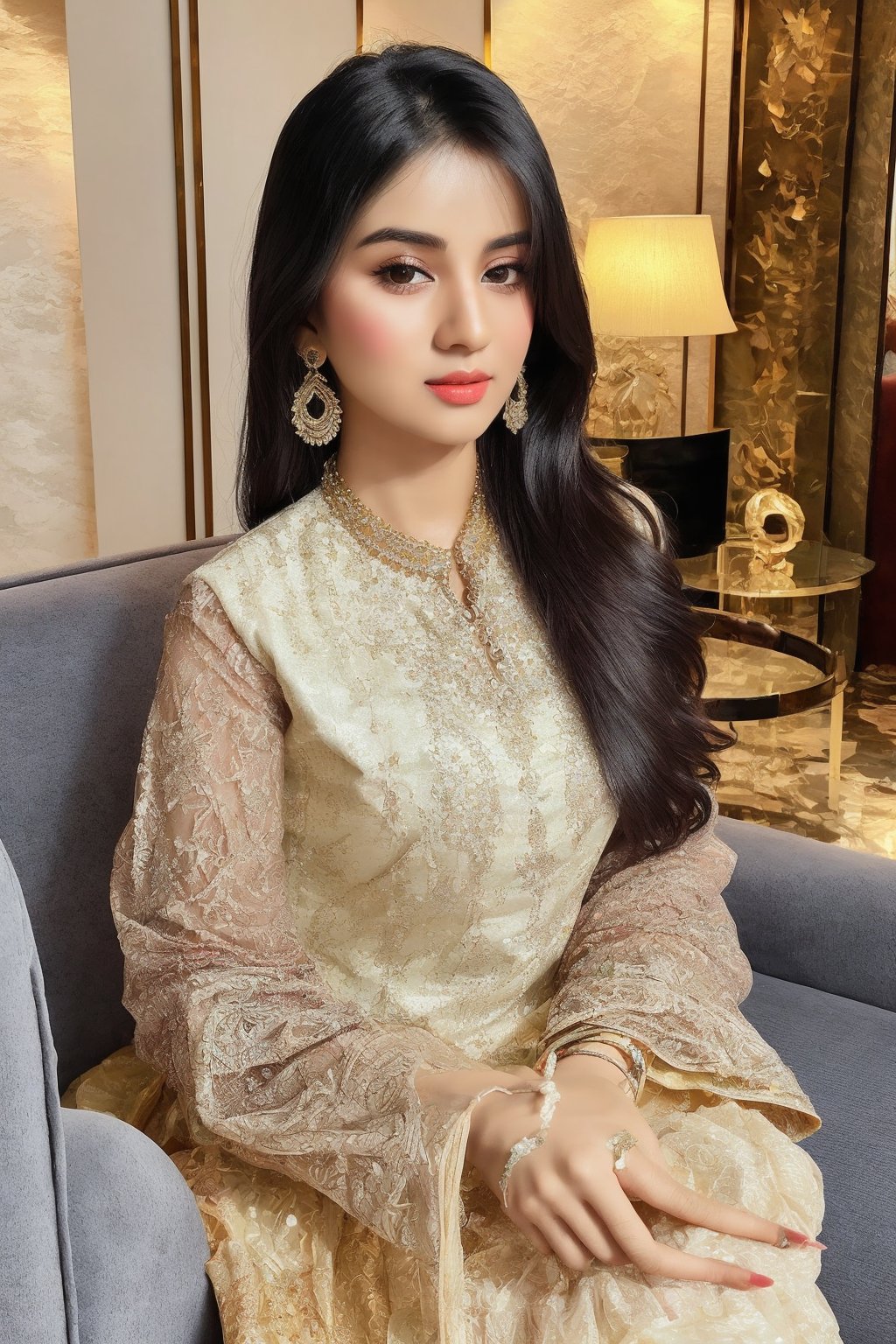 beautiful cute young attractive girl indian, teenage girl, village girl,18 year old,cute, instagram model,long black hair . Envision a Pakistani girl in a beautiful white shalwar kameez, seated elegantly in a luxurious hotel lounge, her chest subtly emphasized, exuding confidence and grace, adorned with exquisite jewelry including dangling earrings, Paperwork, intricate paper cutting with layered textures and delicate patterns, --ar 16:9 --v 5