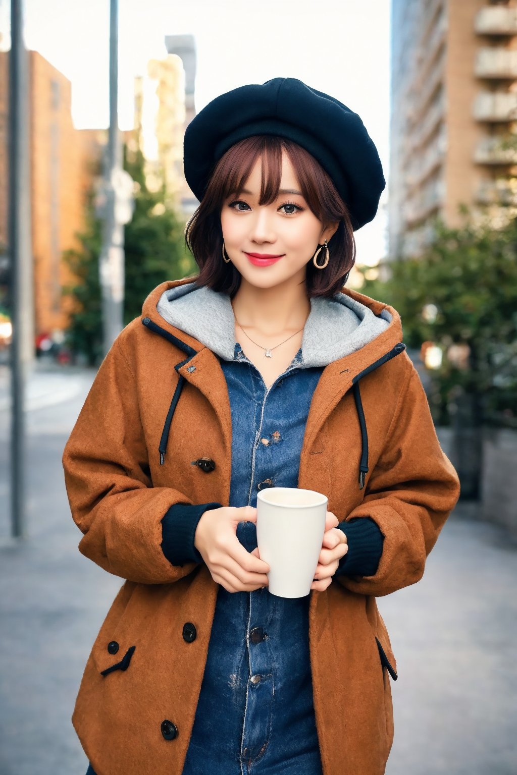 vibrant colors, female, masterpiece, sharp focus, best quality, depth of field, cinematic lighting, ((solo, one woman )), (illustration, 8k CG, extremely detailed), masterpiece, ultra-detailed, looking at viewer, blush, smile, short hair, bangs, brown hair, long sleeves, hat, holding, brown eyes, jewelry, closed mouth, standing, jacket, cowboy shot, earrings, outdoors, open clothes, hood, blurry, open jacket, cup, sleeves past wrists, hands up, black headwear, hoodie, depth of field, blurry background, beret, hood down, holding cup, hooded jacket, brown jacket, brown headwear, disposable cup, coffee cup