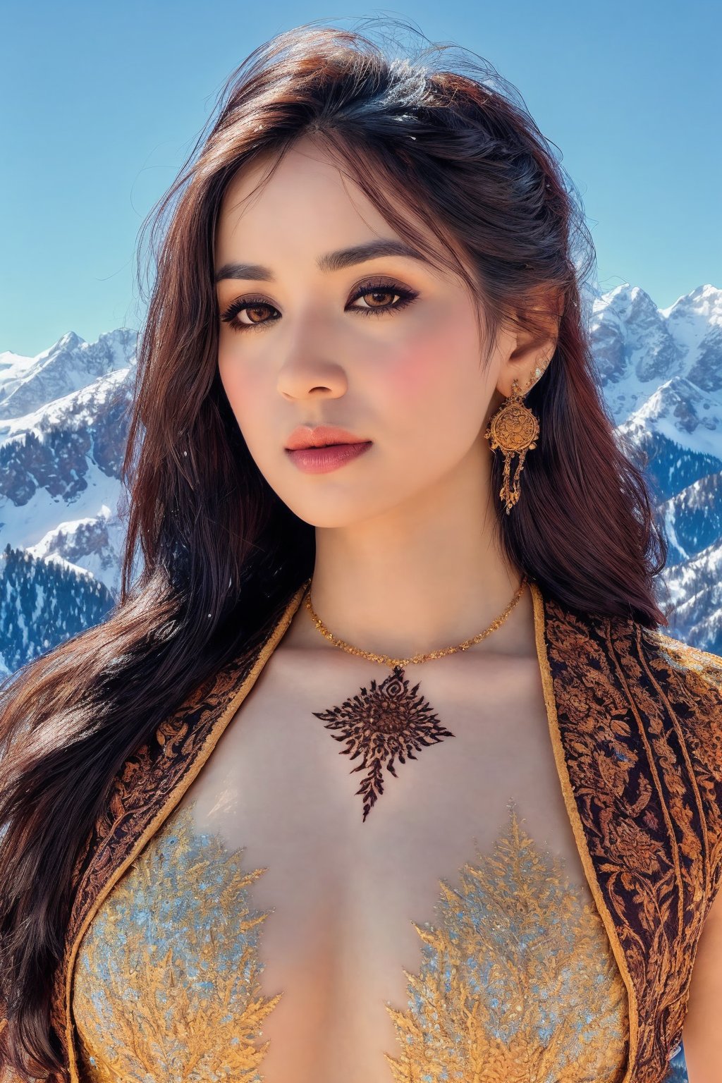 majestic portrait of a woman adorned with intricate henna designs, her gaze fixed on a soaring hawk against a backdrop of snow-capped mountains. Capture the strength and determination in her eyes, mirroring the power and resilience of the natural world.
 
