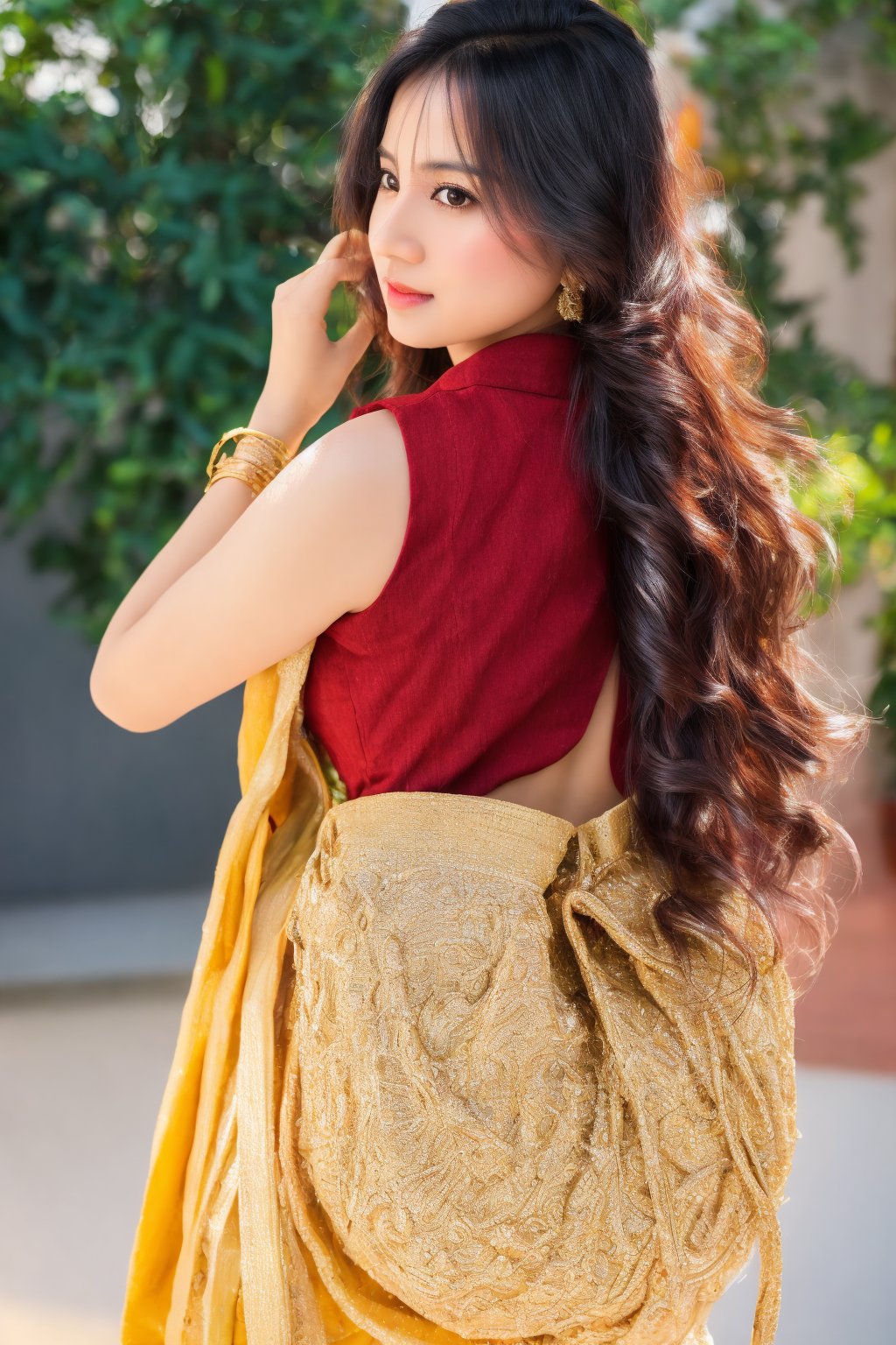 masterpiece, best quality, photorealistic, raw photo, 1girl, , long wavy hair,daily Indian outfit with back bag , light, detailed skin, pore, low key, blinding background 