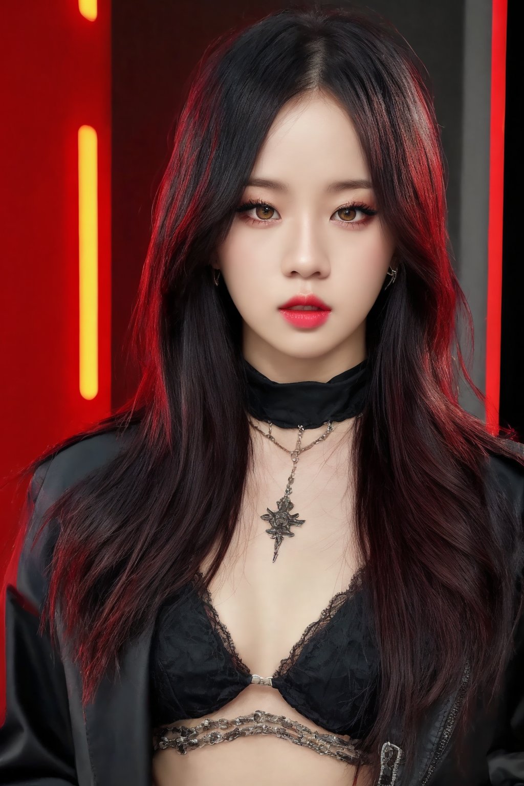 (masterpiece, best quality, photorealistic, high resolution, 8K raw photo, artstation) Half-body shot, Asian Girl, [Lisa Blackpink: Jisoo Blackpink:0.5], red eyes, elegant, thoughtful, reddish yellow lips, gothic, emo, dark, rock clothing, ((loose hair, black with white color)), good quality, cyberpunk, gothic
,Detailedface