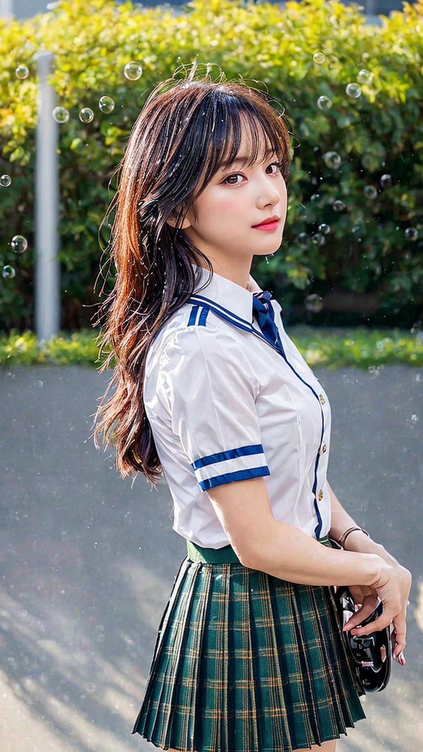 (((masterpiece))), (((best quality))), Best picture quality, high resolution, 8k, realistic, sharp focus, realistic image of elegant lady, Korean beauty, supermodel, girl, standing, wearing short-sleeved school uniform, dark-colored skirt, pleated skirt with tartan pattern, bubble socks, student shoes, light brown hair, long hair, green eyes, side-swept bangs, sideburns, phone, (wet body:1.0), sunlight, sweat, a dog, helf body, shoes removed, Head tilt, untucked, Profile, (high quality:1.0) (white background:0.8), detailed face, (blush:1.0), 1 girl,Young beauty spirit, ZGirl, perfect light, Detailedface,1 girl, big eyes, eye shadow ,SharpEyess, 
,perfecteyes eyes ,Smirk,Detailedface,perfect light,ZGirl,dreaming_background,photo of perfecteyes eyes,