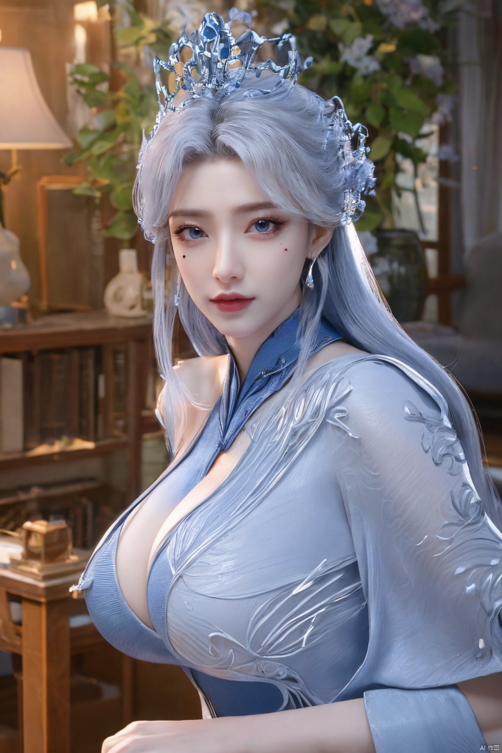 masterpiece,(best quality),official art,extremely detailed cg 8k wallpaper,(extremely delicate and beautiful),solo,realistic,photo_\(medium\),chinese clothes,blue dress,1girl,solo,blue eyes,earrings,mole,white hair,armor,crown,mole under eye,,Xningyudie,(big_breasts:1.29), Yunxiao_Fairy,X-Hydrangea, hanfu,