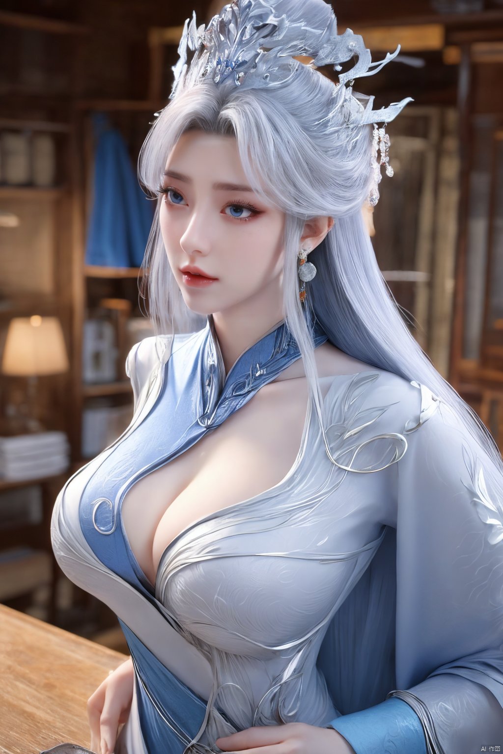 masterpiece,(best quality),official art,extremely detailed cg 8k wallpaper,(extremely delicate and beautiful),solo,realistic,photo_\(medium\),chinese clothes,blue dress,1girl,solo,blue eyes,earrings,mole,white hair,armor,crown,mole under eye,,Xningyudie,(big_breasts:1.29), Yunxiao_Fairy,X-Hydrangea, hanfu,