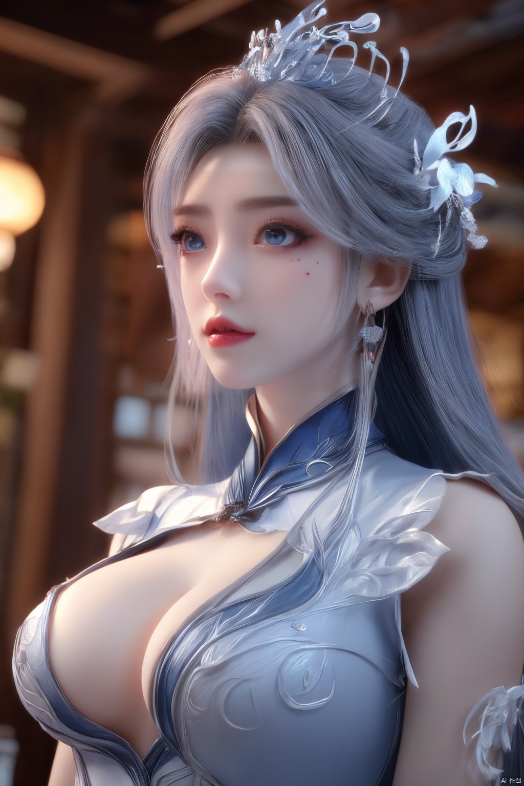 masterpiece,(best quality),official art,extremely detailed cg 8k wallpaper,(extremely delicate and beautiful),solo,realistic,photo_\(medium\),chinese clothes,blue dress,1girl,solo,blue eyes,earrings,mole,white hair,armor,crown,mole under eye,,Xningyudie,(big_breasts:1.29), Yunxiao_Fairy,X-Hydrangea, hanfu,