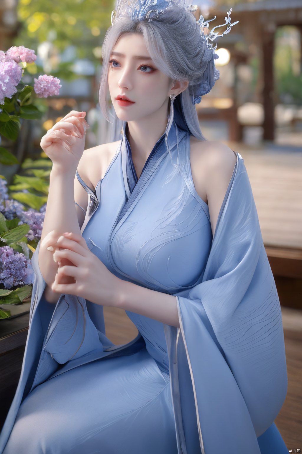 masterpiece,(best quality),official art,extremely detailed cg 8k wallpaper,(extremely delicate and beautiful),solo,realistic,photo_\(medium\),chinese clothes,blue dress,1girl,solo,blue eyes,earrings,mole,white hair,armor,crown,mole under eye,,Xningyudie,(big_breasts:1.29), Yunxiao_Fairy,X-Hydrangea, hanfu,