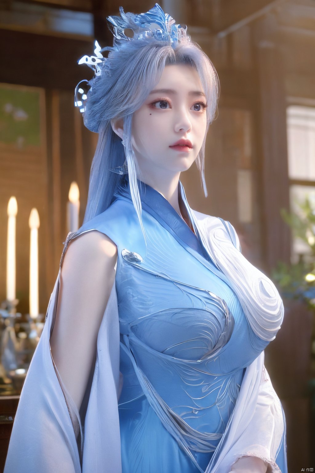 masterpiece,(best quality),official art,extremely detailed cg 8k wallpaper,(extremely delicate and beautiful),solo,realistic,photo_\(medium\),chinese clothes,blue dress,1girl,solo,blue eyes,earrings,mole,white hair,armor,crown,mole under eye,,Xningyudie,(big_breasts:1.29), Yunxiao_Fairy,X-Hydrangea, hanfu,