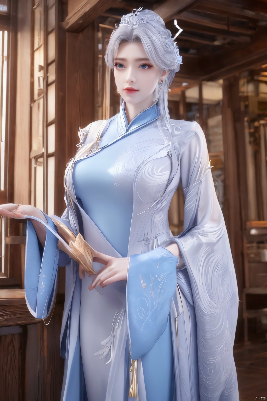 masterpiece,(best quality),official art,extremely detailed cg 8k wallpaper,(extremely delicate and beautiful),solo,realistic,photo_\(medium\),chinese clothes,blue dress,1girl,solo,blue eyes,earrings,mole,white hair,armor,crown,mole under eye,,Xningyudie,(big_breasts:1.29), Yunxiao_Fairy,X-Hydrangea, hanfu,