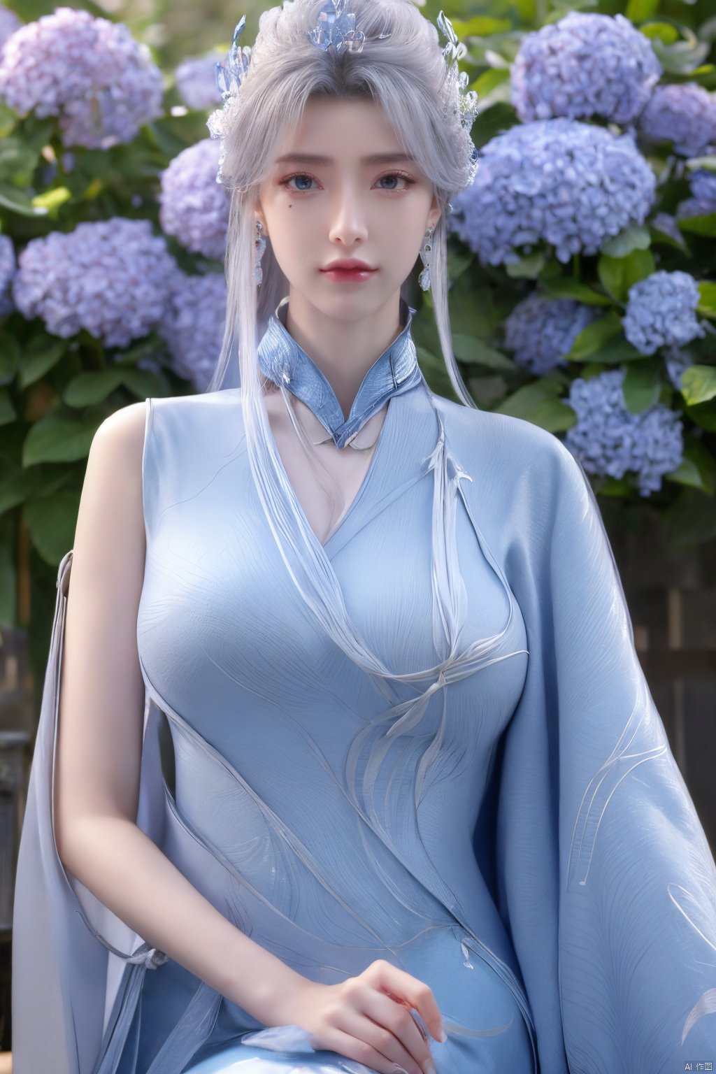 masterpiece,(best quality),official art,extremely detailed cg 8k wallpaper,(extremely delicate and beautiful),solo,realistic,photo_\(medium\),chinese clothes,blue dress,1girl,solo,blue eyes,earrings,mole,white hair,armor,crown,mole under eye,,Xningyudie,(big_breasts:1.29), Yunxiao_Fairy,X-Hydrangea, hanfu,