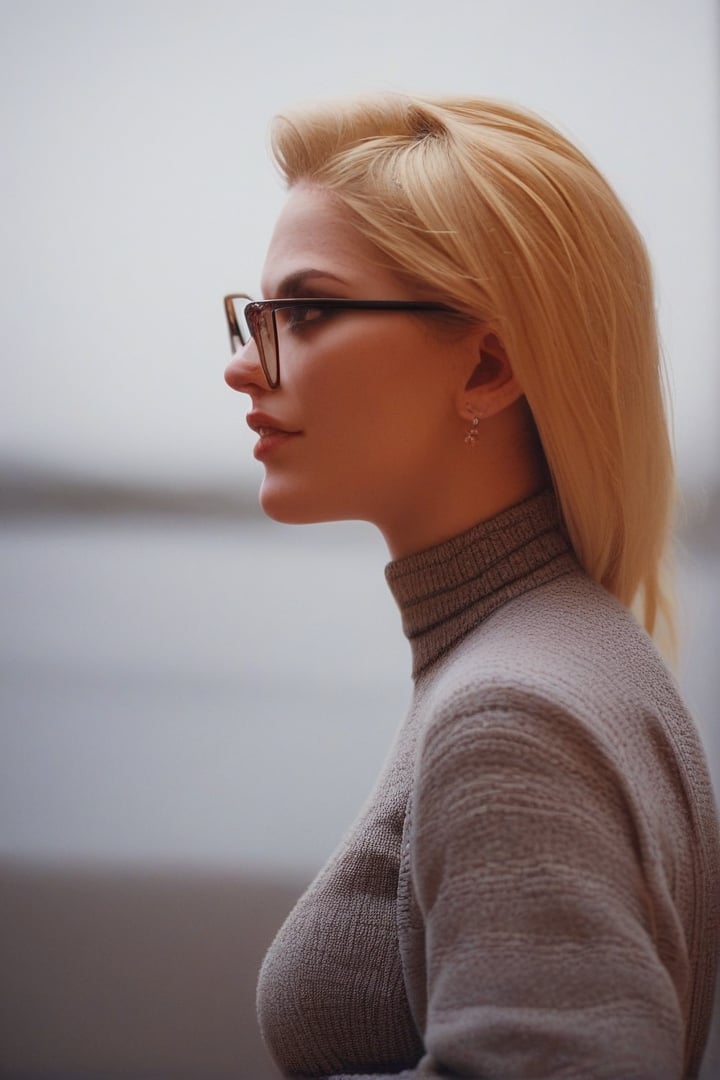 score_9,score_8_up,score_7_up, 1woman, blonde, glasses, wearing a sweater, from_side, 100Memories