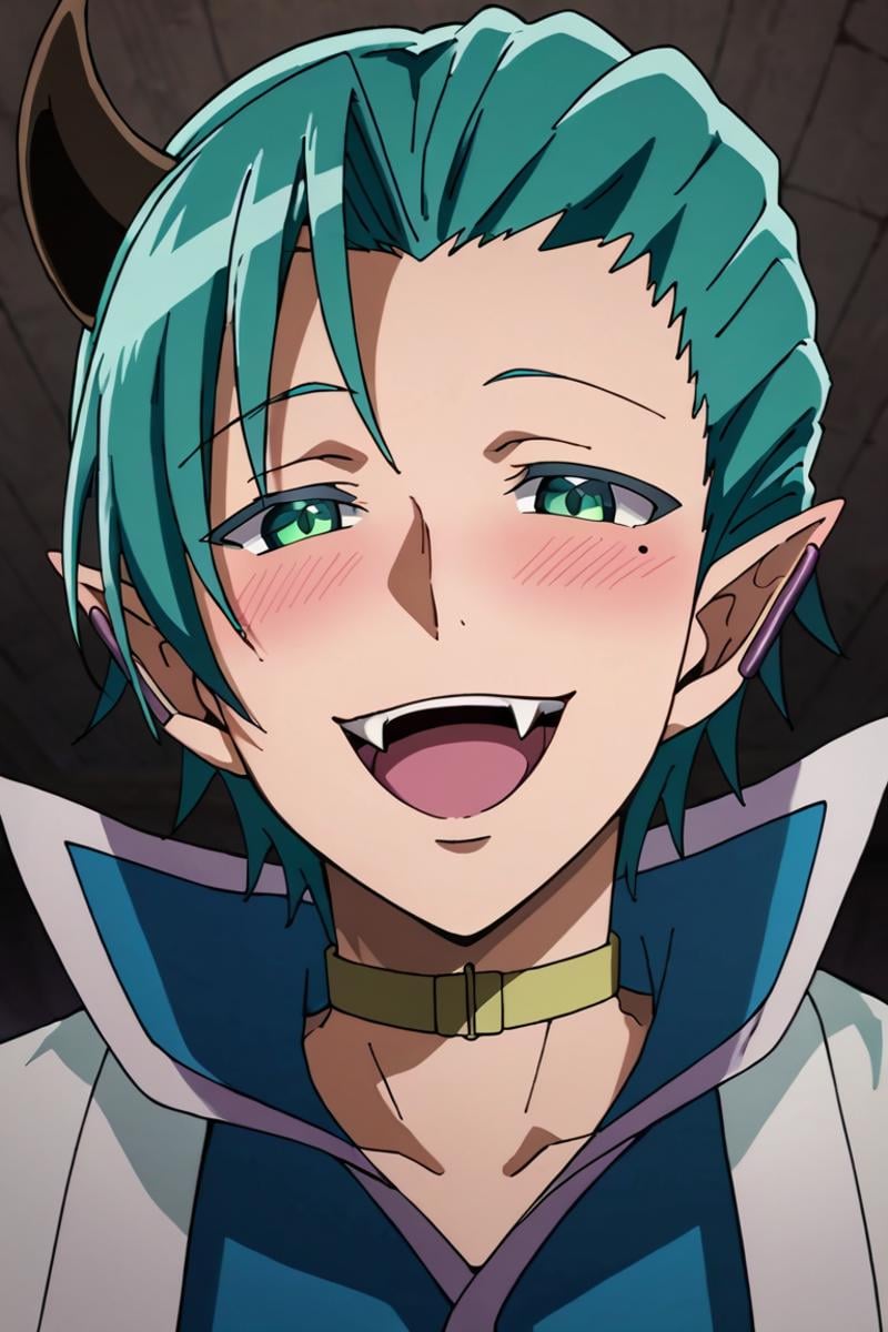 score_9,score_8_up,score_7_up,source_anime,1boy, solo,looking at viewer, Amy Kirio,aqua hair,mole,mole under eye,pointy ears, horns, pointy ears,green eyes, shoulder capelet,school uniform,choker, blush, evil smile, upper body, dark, close-up, open mouth, fangs, horror<lora:EMS-400038-EMS:1.000000>