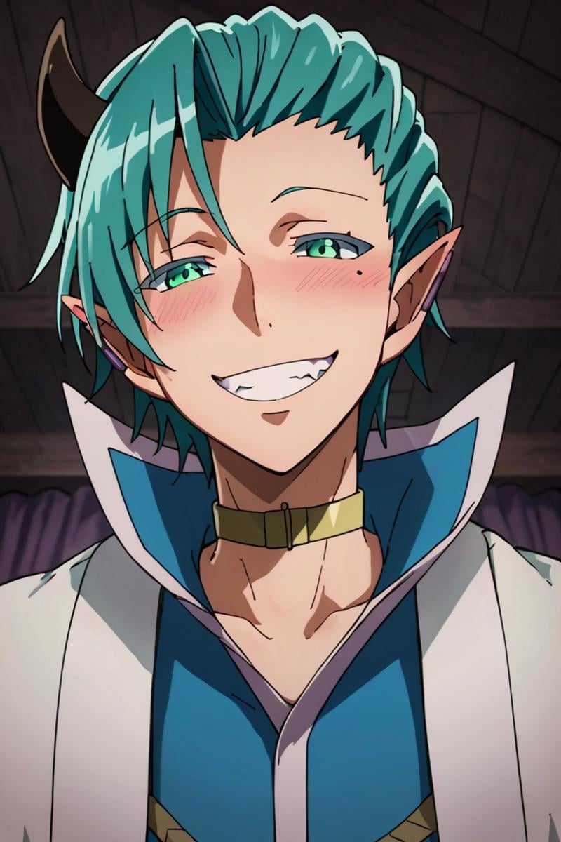 score_9,score_8_up,score_7_up,source_anime,1boy, solo,looking at viewer, Amy Kirio,aqua hair,mole,mole under eye,pointy ears, horns, pointy ears,green eyes, shoulder capelet,school uniform,choker, blush, evil smile, grin, upper body, dark<lora:EMS-400038-EMS:1.000000>