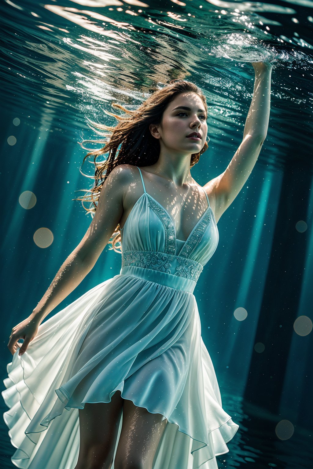 (masterpiece:1.2), best quality,(HDR:1.4),High detail RAW color photo professional, highly detail face: 1.4, a detailed portrait of a woman floating underwater wearing long flowing dress, nymph style, amazing underwater, detailed skin, wet clothes, wet hair, see-through clothes, lens flare, shade, tindal effect, lens flare, backlighting, bokeh