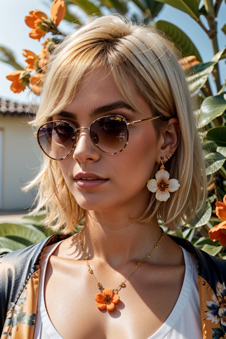 1girl, short hair, blue eyes, earrings, simple background, flower, upper body, hair flower, orange-tinted eyewear, sunglasses, necklace, jacket, closed mouth, floral print, bangs, blonde hair, white hair, makeup, round eyewear, piercing, details, realist skin, skin detailed, underboobs, tatoos,art 