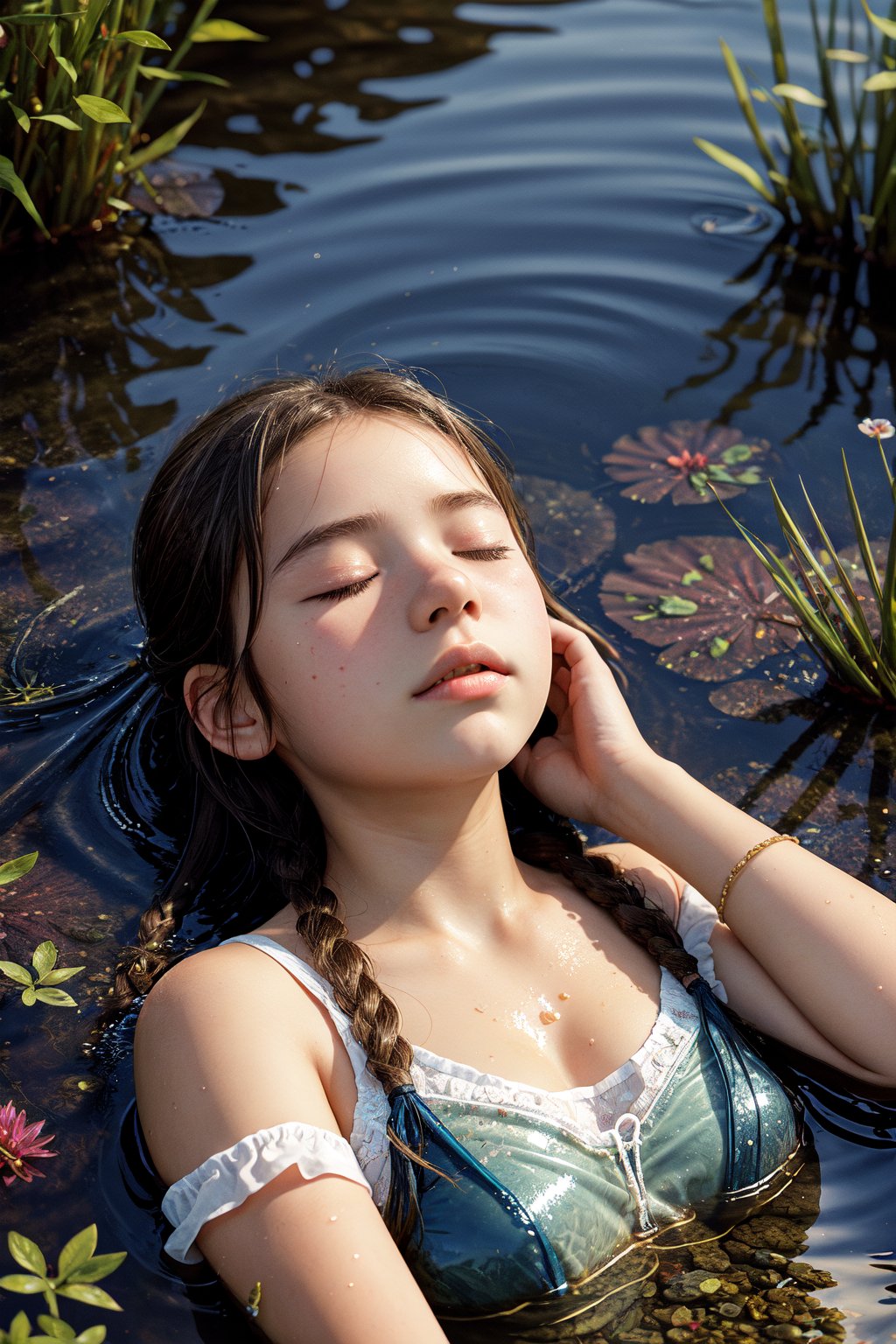 (super detailed), (beautiful background, detailed background),One girl, lying on the water, eyes closed, relaxed, fish around, weeds,(above shot:1.5)