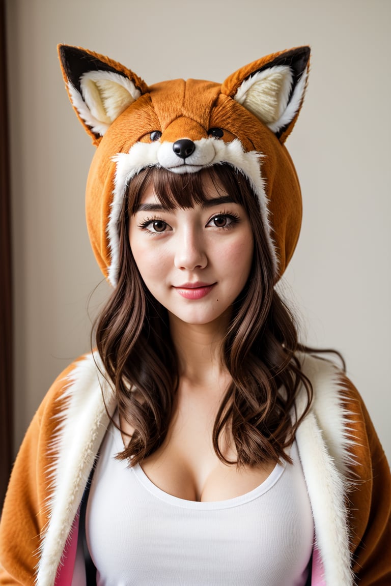 1girl, caucasian, adult, indoors, colorful, cute fox costume, ultra realistic, best quality, ultra detailed, average girl, upper body, closeup,More Detail