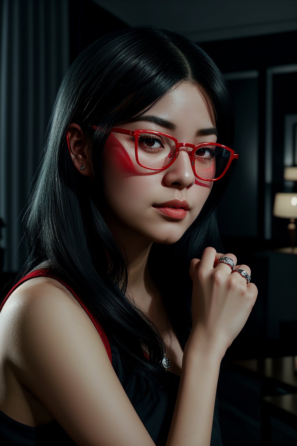 A black-haired woman wearing red glasses with a dark and mysterious style reminiscent of anime.   This digital painting is inspired by aesthetic images from the anime art style.   She has a silver ring on her finger and is depicted in a medium close-up portrait against the backdrop of a dark room, with sharp focus on her features in a very realistic style.   The scene depicts her in the shadows of a room in studio light.