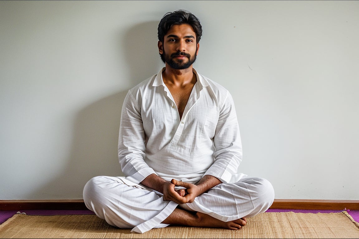 front of actor dev patel in white linen clothes, sitting in lotus seat, meditating,  simple plain background