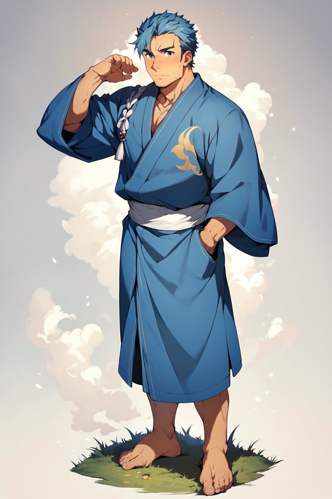 score_9, score_8_up, score_7_up, cute, masterpiece, best quality, best aesthetic, 1boy, male focus, full_body, bercouli, blue hair, blue eyes, facial hair, stubble, japanese clothes, blue kimono, open kimono, barefoot,