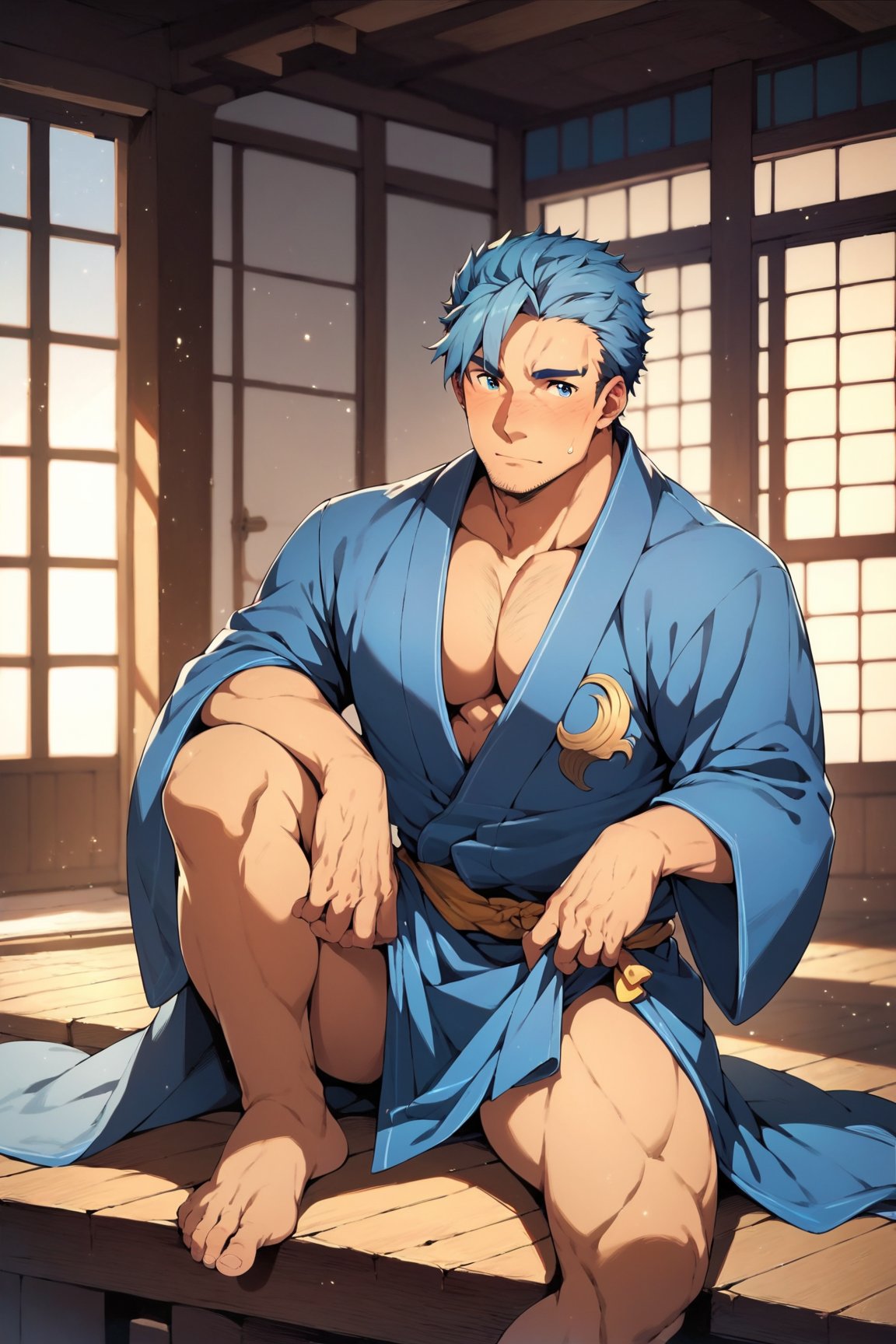 score_9, score_8_up, score_7_up, cute, masterpiece, best quality, best aesthetic, 1boy, male focus, full_body, bercouli, blue hair, blue eyes, facial hair, stubble, japanese clothes, blue kimono, open kimono, barefoot,