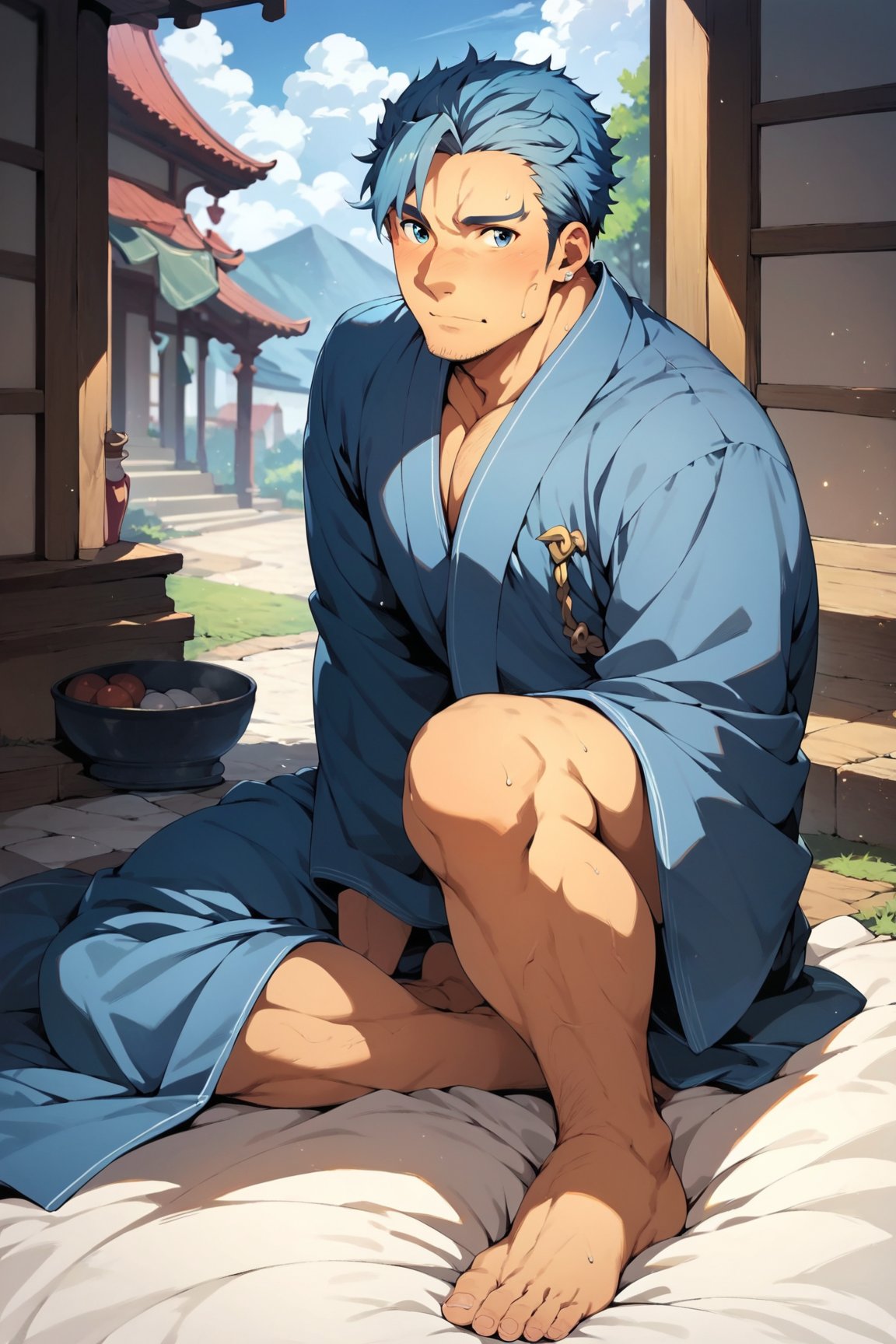 score_9, score_8_up, score_7_up, cute, masterpiece, best quality, best aesthetic, 1boy, male focus, full_body, bercouli,  blue hair, blue eyes, facial hair, stubble, japanese clothes, blue kimono barefoot,