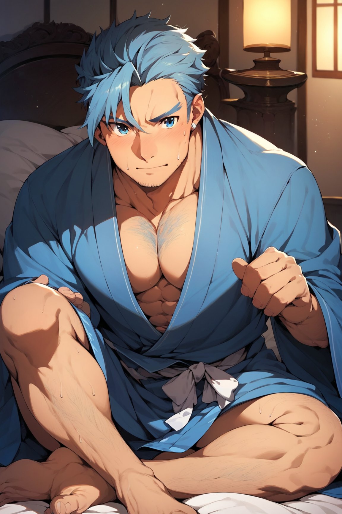 score_9, score_8_up, score_7_up, cute, masterpiece, best quality, best aesthetic, 1boy, male focus, full_body, bercouli, blue hair, blue eyes, facial hair, stubble, japanese clothes, blue kimono, open kimono, body hair, barefoot,