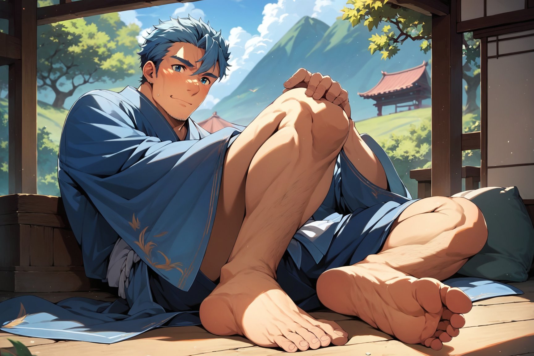 score_9, score_8_up, score_7_up, cute, masterpiece, best quality, best aesthetic, 1boy, male focus, full_body, bercouli,  blue hair, blue eyes, facial hair, stubble, japanese clothes, blue kimono barefoot,