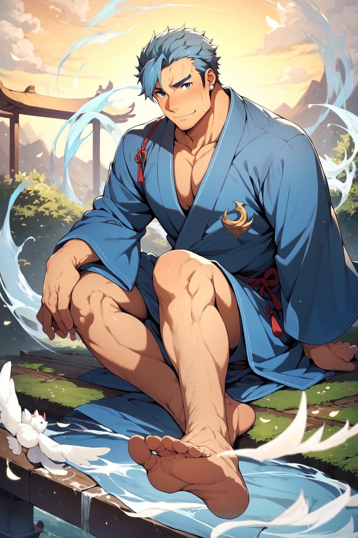 score_9, score_8_up, score_7_up, cute, masterpiece, best quality, best aesthetic, 1boy, male focus, full_body, bercouli,  blue hair, blue eyes, facial hair, stubble, japanese clothes, blue kimono barefoot,