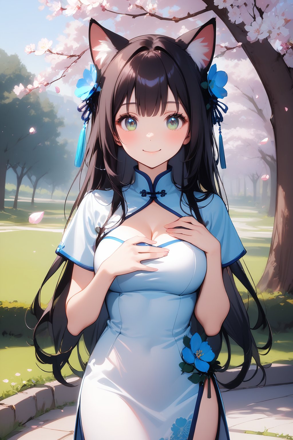 1girl, solo, long hair, breasts, looking at viewer, blush, smile, bangs, blue eyes, black hair, hair ornament, dress, holding, animal ears, cleavage, medium breasts, very long hair, closed mouth, green eyes, flower, short sleeves, cowboy shot, outdoors, day, cat ears, white dress, tree, petals, clothing cutout, chinese clothes, cleavage cutout, hand on own chest, cherry blossoms, chinese dress