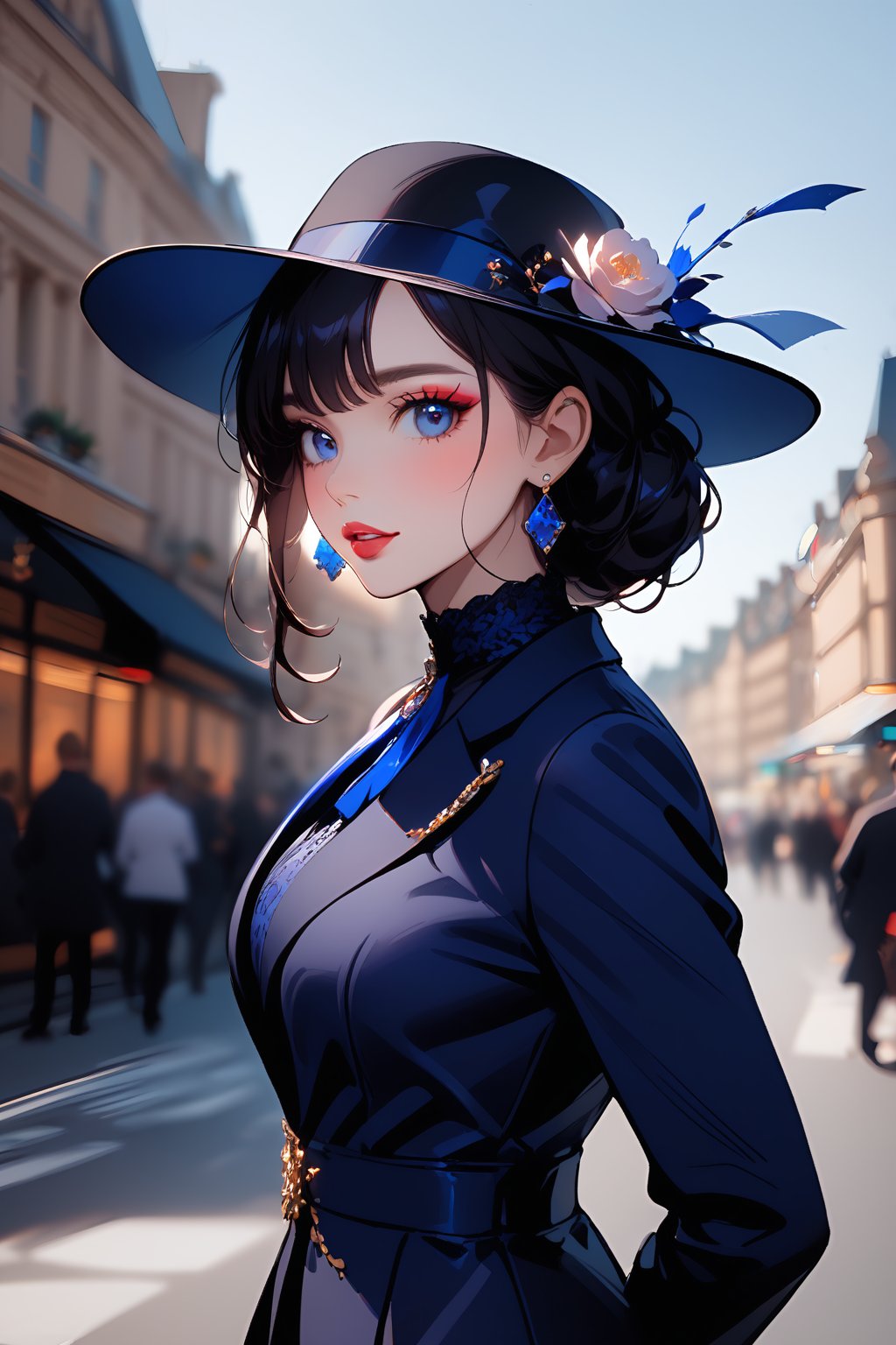 1girl, solo, long hair, breasts, looking at viewer, blush, bangs, hair ornament, jewelry, flower, earrings, outdoors, parted lips, British elegant clothes (blue elegant blazer, British hat), day, blurry, from side, lips, makeup, blurry background, lipstick, medium body image, Details 