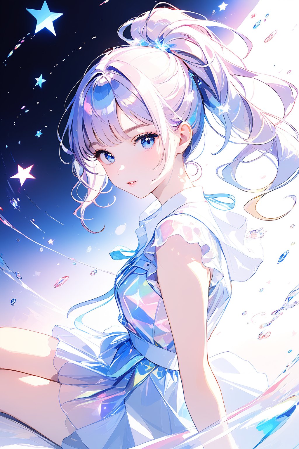 1girl, solo, holographic art, looking at viewer, holographic clothes, stars, casual, holographic casual outfit, sitting_down, random hairstyle, light particles, ponytail hairstyle, holographic makeup, ((masterpiece quality: 2)),Details