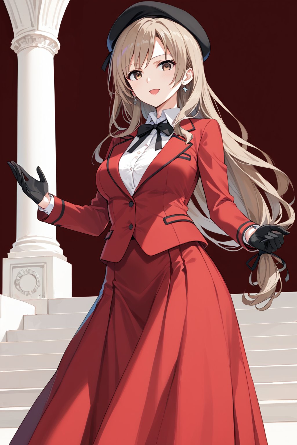 shimada chiyo, 1girl, mature female, low-tied long hair, light brown hair, brown eyes
beret, black headwear, red jacket, long sleeves, white shirt, neck ribbon, black ribbon, black gloves, long skirt, red skirt, skirt suit ,
BREAK , 
score_9, score_8_up, score_7_up, score_6, score_5, score_4, ( masterpiece , ultra Detailed  ) , 
