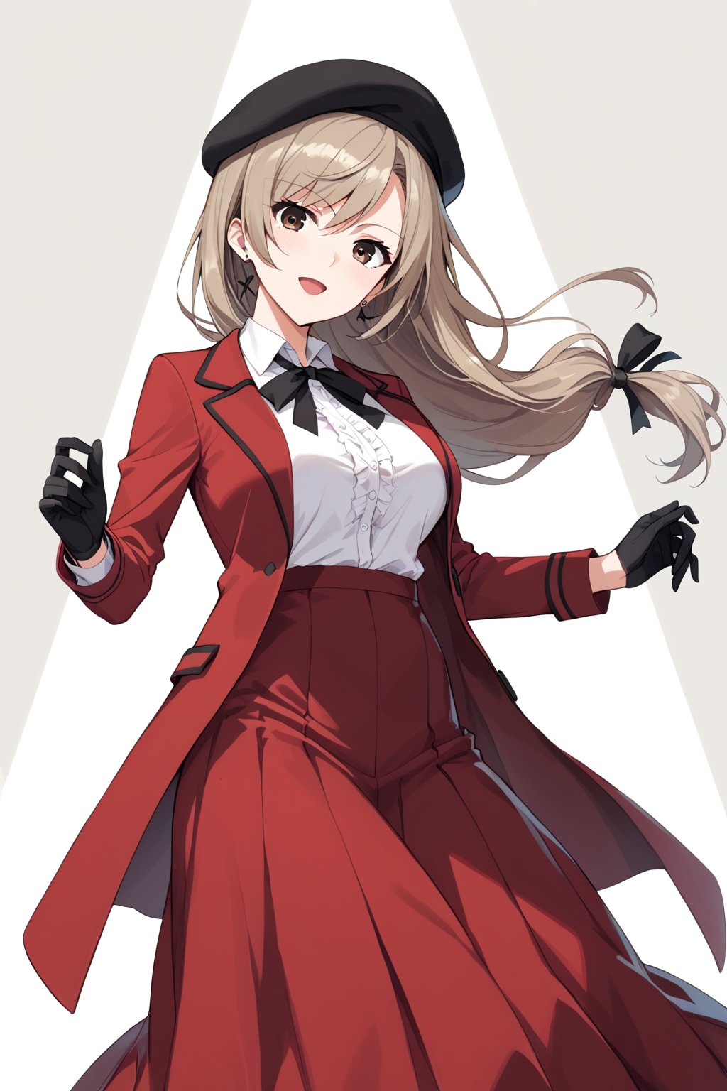 shimada chiyo, 1girl, mature female, low-tied long hair, light brown hair, brown eyes
beret, black headwear, red jacket, long sleeves, white shirt, neck ribbon, black ribbon, black gloves, long skirt, red skirt, skirt suit ,
BREAK , 
score_9, score_8_up, score_7_up, score_6, score_5, score_4, ( masterpiece , ultra Detailed  ) , 
