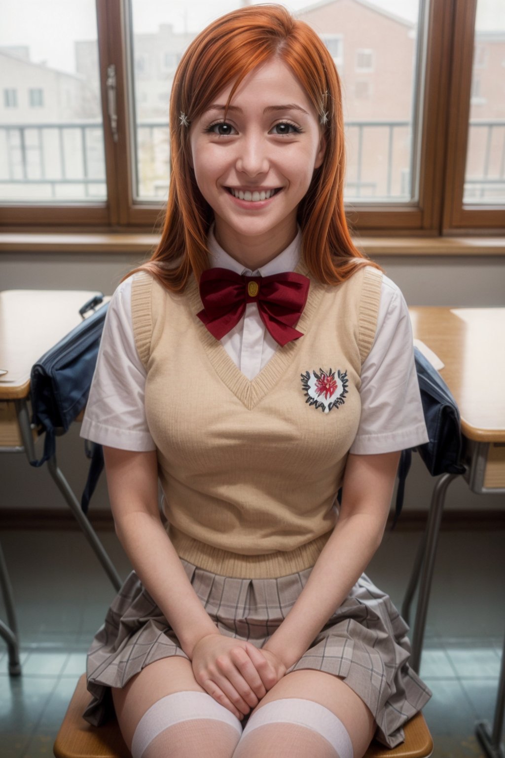   smile,    sexy pose, looking at viewer, , Extremely Realistic, high resolution, masterpiece, 8k,1girl,solo,sitting,school desk

Bedroom,eft_bleach_orihime,orange hair,long hair,,smiling,red bowtie, schoolgirl uniform,skirt,hairclip