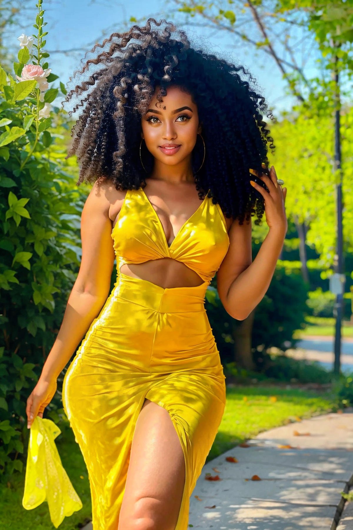 <lora:D198FEBFCF:0.9> ethiopian, and touching face, wearing a yellow dress, curly hair