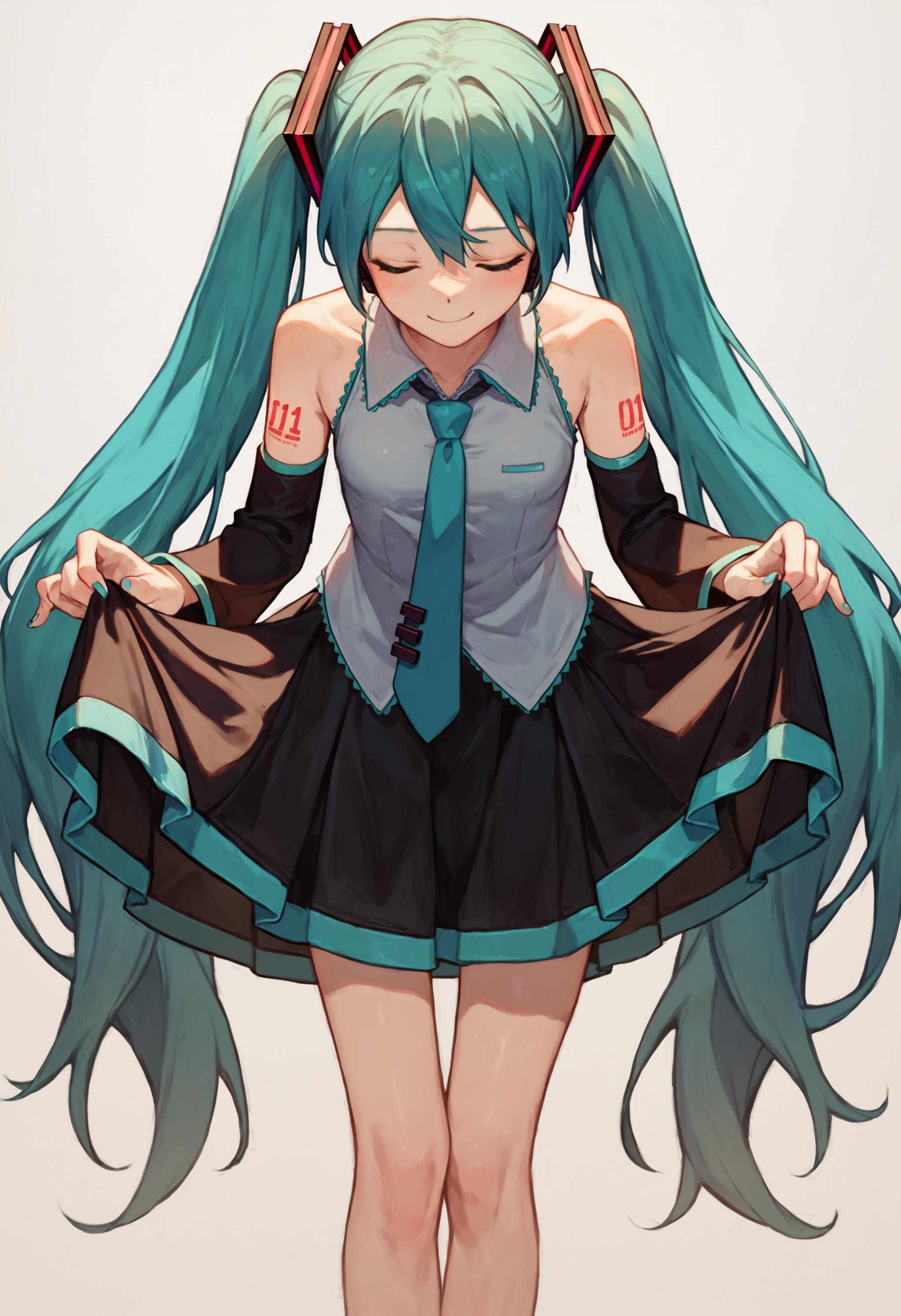 score_9_up score_8_up score_7_up, 1girl, skirt hold bowing, hatsune miku, light smile, black skirt, simple background, leaning forward, white background<lora:skirt_hold_bowing_d16:1>