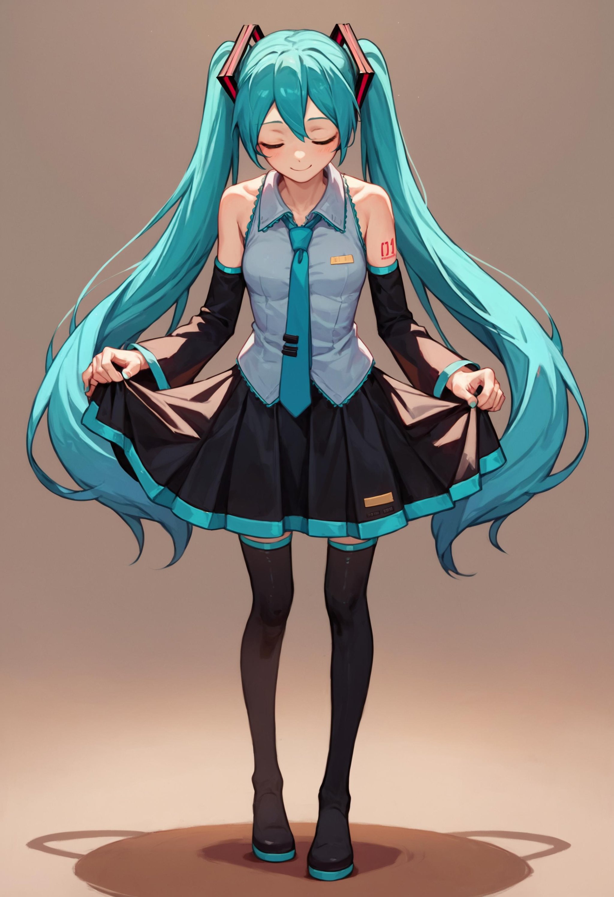 score_9_up score_8_up score_7_up, 1girl, skirt hold bowing, hatsune miku, light smile, black skirt, simple background, <lora:skirt_hold_bowing_d16:1>