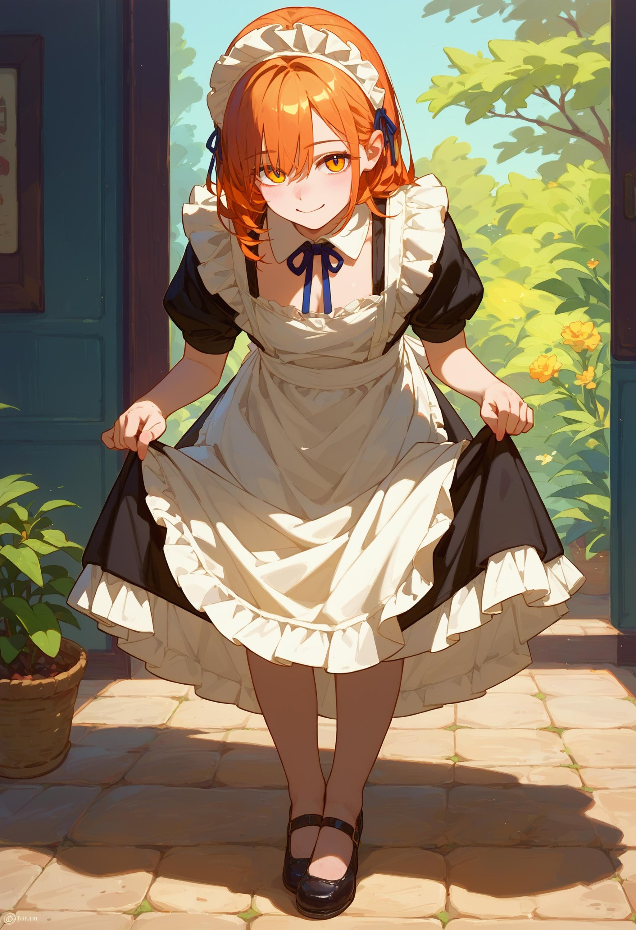 score_9_up score_8_up score_7_up, 1girl, skirt hold bowing, smile, leaning forward, looking at viewer, maid apron<lora:skirt_hold_bowing_d16:1>