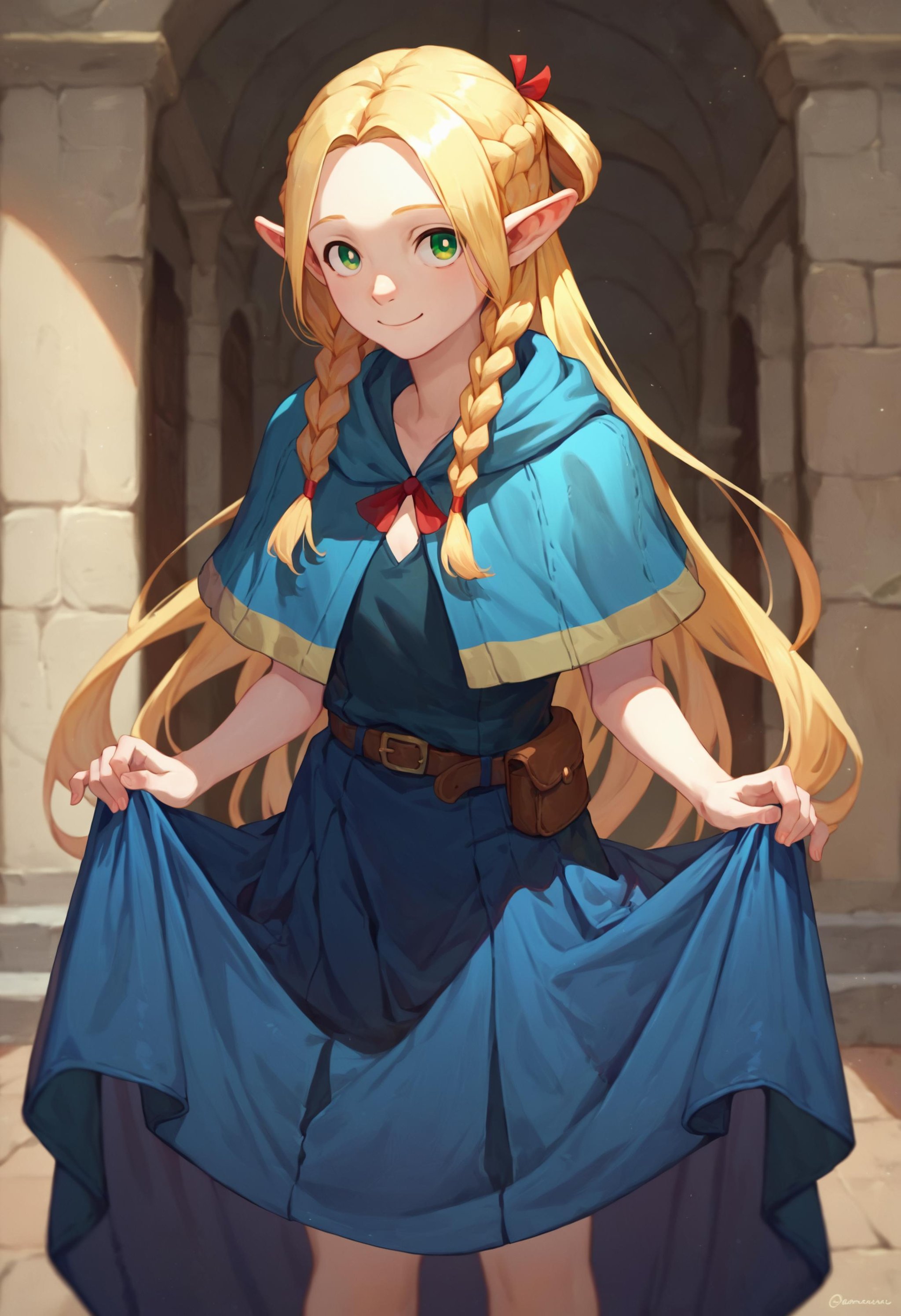 score_9_up score_8_up score_7_up, 1girl, solo, skirt hold bowing, looking at viewer, light smile, marcille, blue capelet blue robe belt, french braid twin braids<lora:skirt_hold_bowing_d16:1><lora:falin_marcille_pony_d16:1>