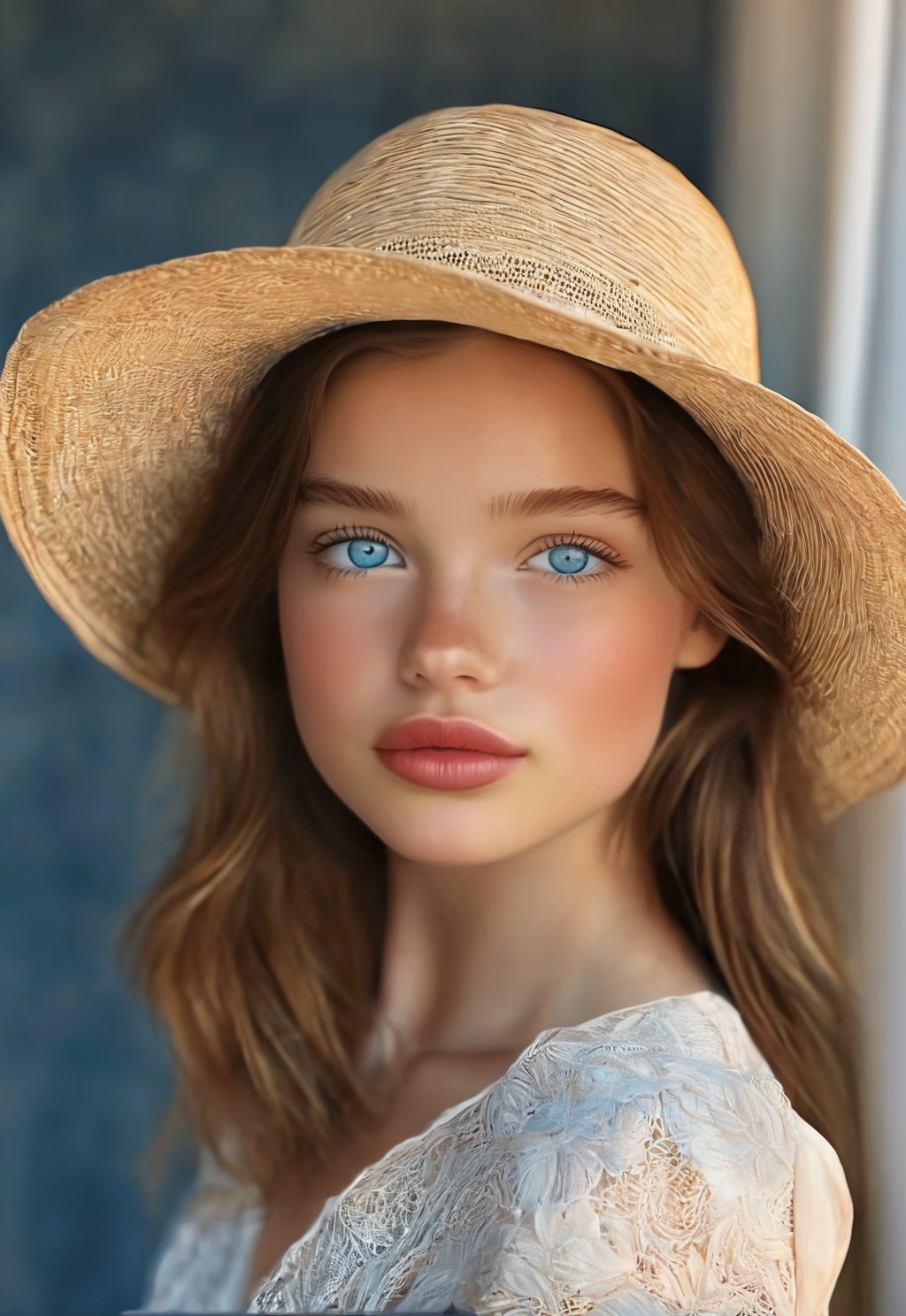 1girl, solo, looking at viewer, blue eyes, brown hair, hat, flower, lips, portrait, realistic, hat flower,ENHANCE,photorealistic,4k,ENHANCE XL