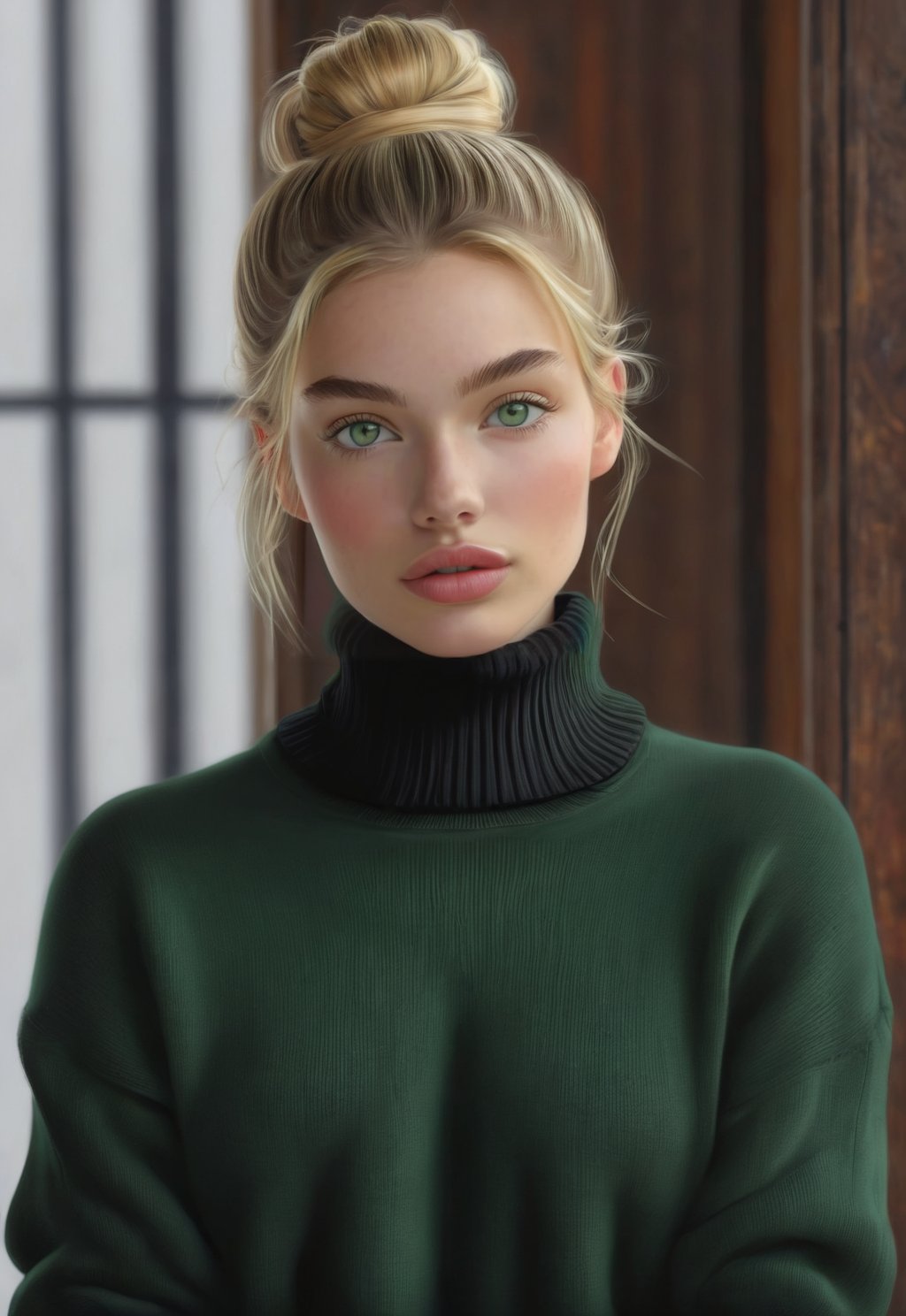1girl, solo, looking at viewer, green eyes, blonde hair, black hair, closed mouth, hair bun, sweater, lips, turtleneck, portrait,, realistic, black sweater,ENHANCE,photorealistic,4k