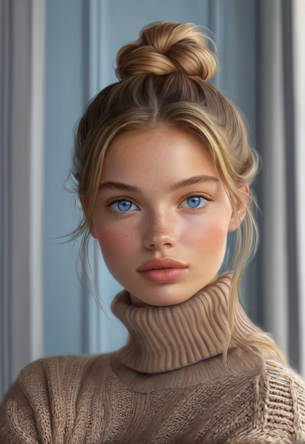 1girl, solo, looking at viewer, blue eyes, blonde hair, brown hair, closed mouth, hair bun, sweater, lips, turtleneck, portrait,, realistic, black sweater,ENHANCE,photorealistic,4k