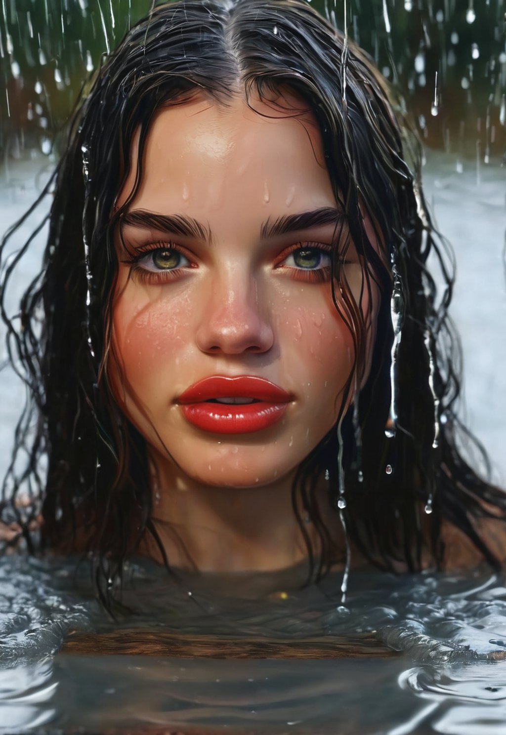 1girl, solo, long hair, black hair, red eyes, parted lips, teeth, water, lips, wet, eyelashes, watermark, portrait, wet clothes, web address, close-up, rain, nose, wet hair,ENHANCE,photorealistic,4k