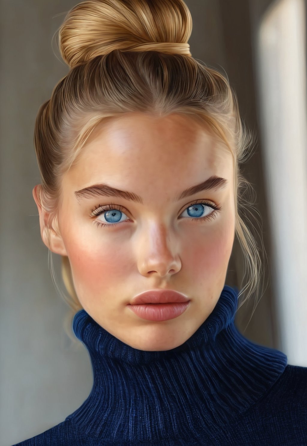 1girl, solo, looking at viewer, blue eyes, blonde hair, brown hair, closed mouth, hair bun, sweater, lips, turtleneck, portrait,, realistic, black sweater,ENHANCE,photorealistic,4k
